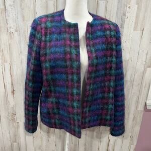 Vintage Lombardi Open Front Colorful Fuzzy Plaid Blazer Jacket Womens Medium 80s